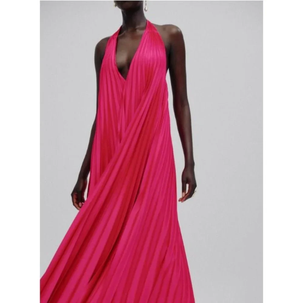 Massimo Dutti Studio Women Halter Maxi Dress S Pleated Pink Fuchsia 9012/952 NWT_8